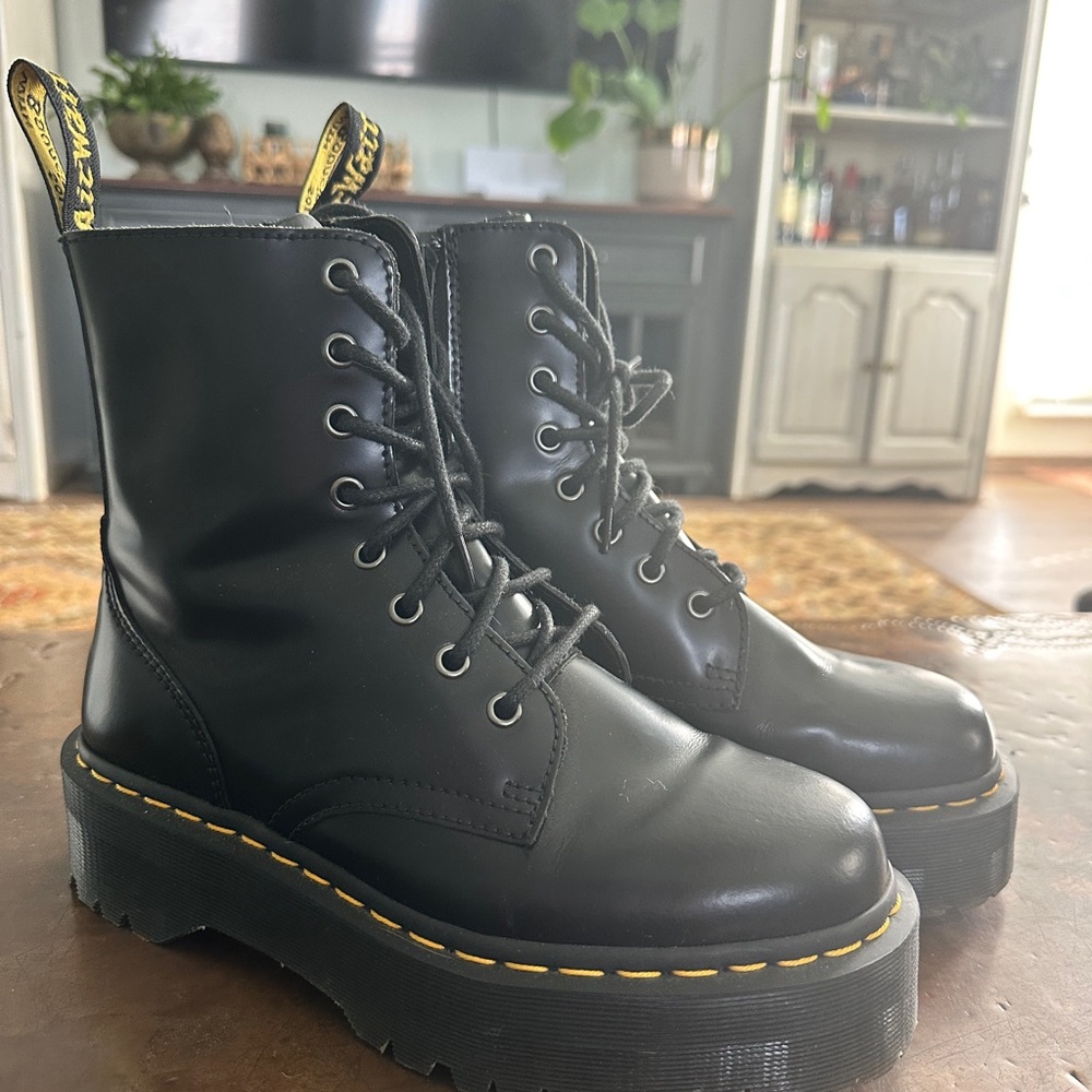 Dr. Martens Black Combat Boots with Chunky Sole and Yellow Stitching